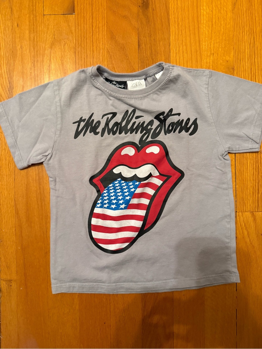 Zara Kids Gray Tee with Red & American Flag Tongue Graphic